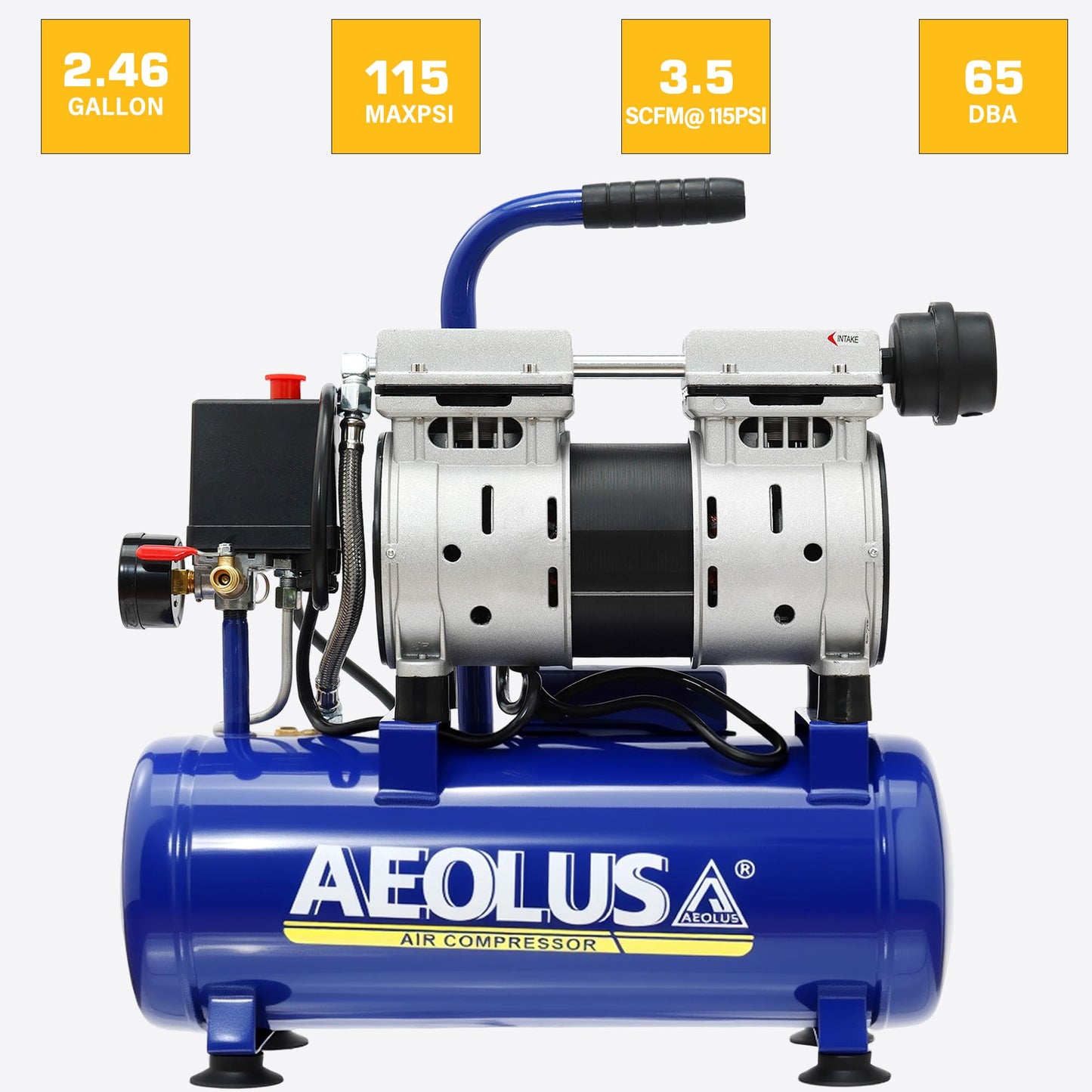 AEOLUS A Ultra Quiet Air Compressor, 65dB, Oil-Free, Quick Couplers,115PSI, Portable Electric for Car and Bike Tires, Nail Gun, and Pneumatic Tools, Garage, Shop (Accessories Kit)