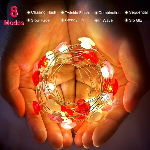 Mothers Day Decorations Lights 2 Pack Total 28FT 80LED Red Pink White Heart Fairy String Lights Battery Operated Timer 8 Modes Gifts for Mom Women Home Indoor Wedding Valentines Mother's Day Decor