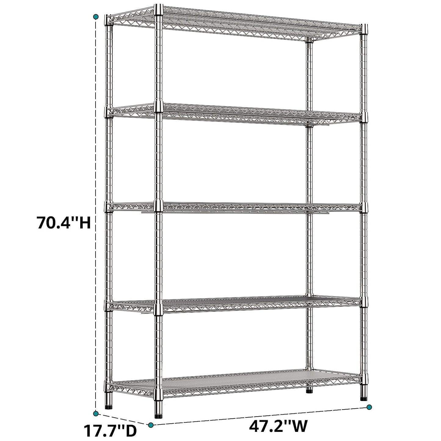 IZEUK 4250 LBS Garage Shelving Wide Storage Shelves 5 Tier Metal Shelves Heavy Duty Adjustable Utility Shelf Rack Chrome 17.7" D x 47.2" W x 70.4" H