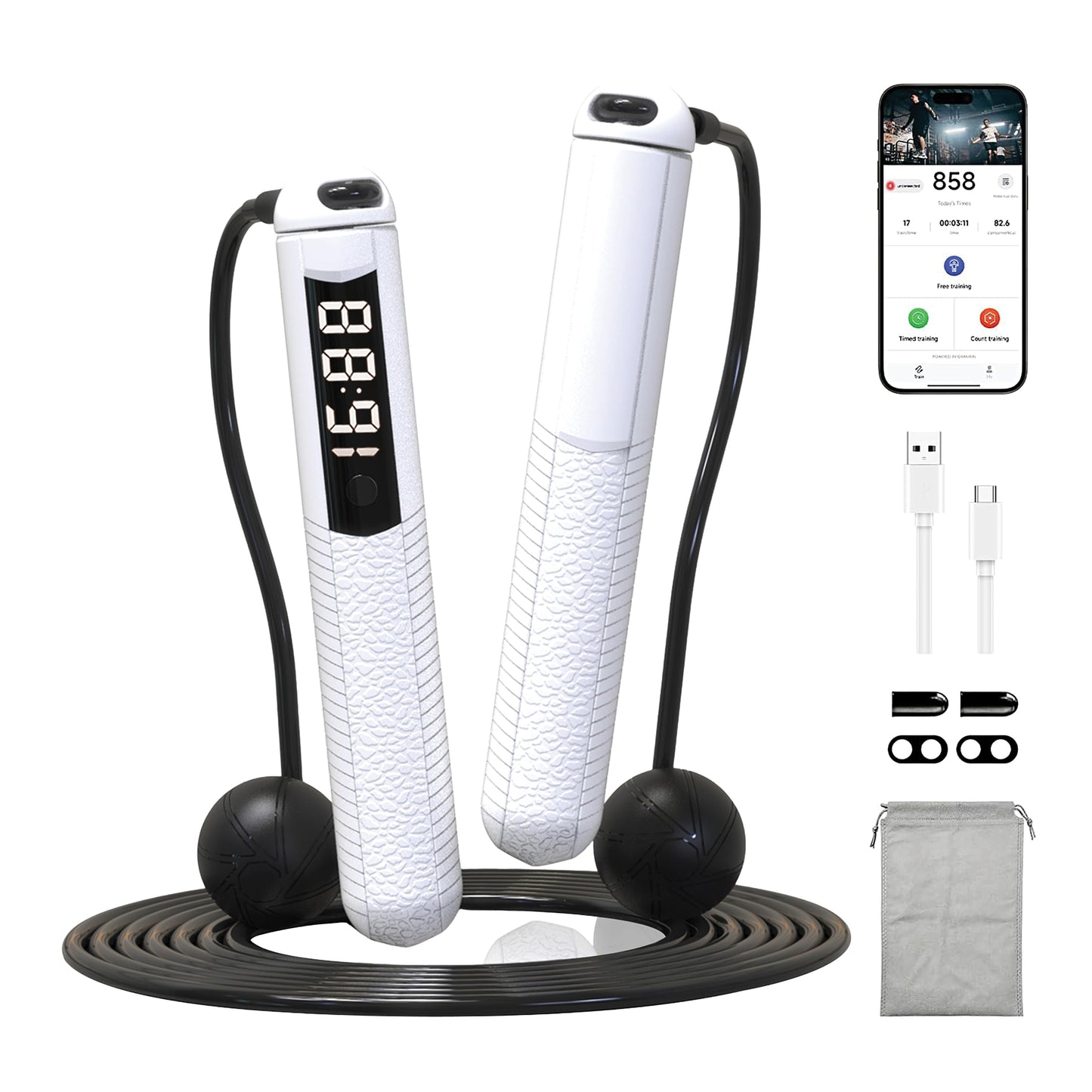 SaintCos Cordless Gravity Jump Rope, Smart Jump Rope with Counter for Gym, Fat Burning & Calorie Burn, APP Data Analysis, Home Workout Equipment for Women ＆ Men (White)