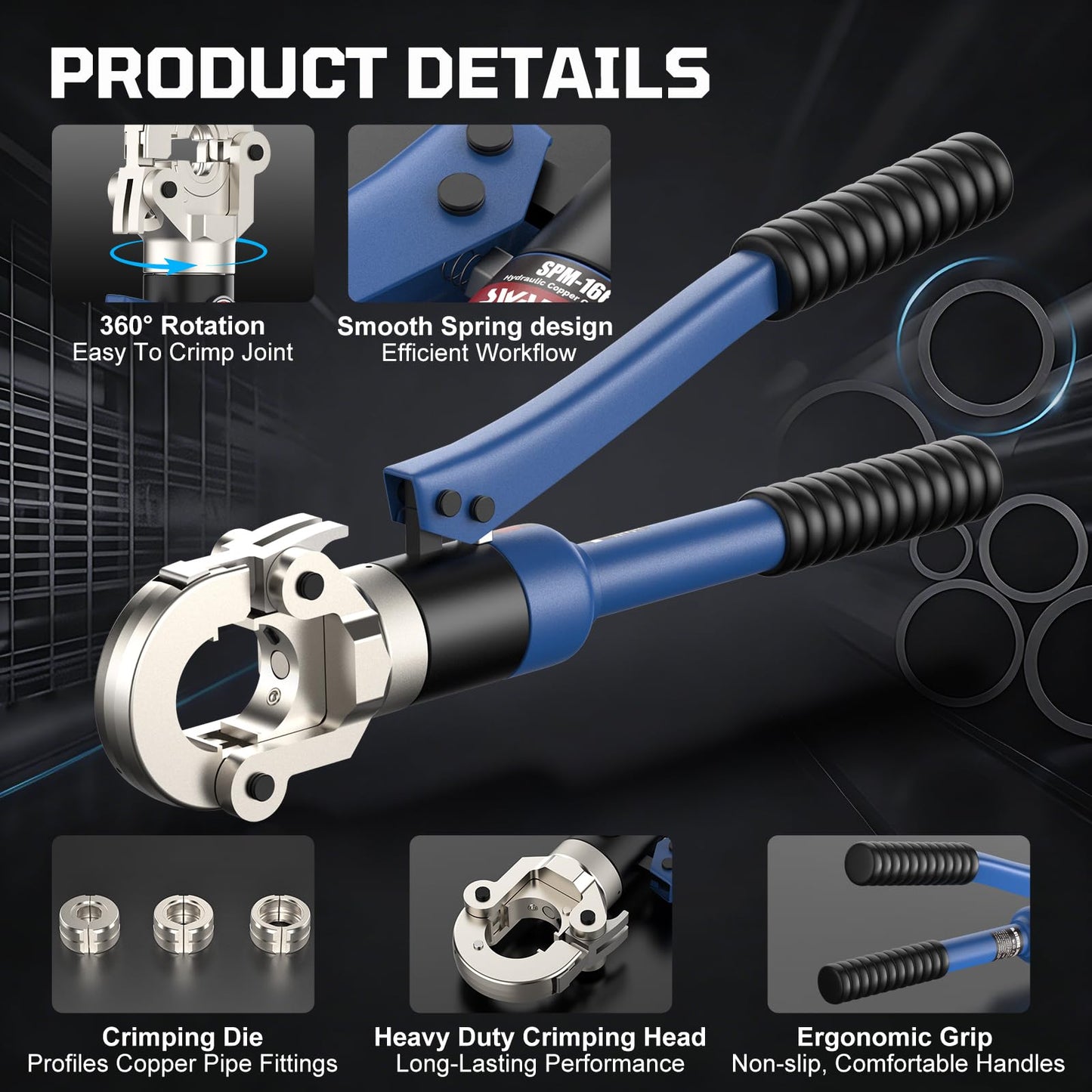 SWANSOFT Hydraulic Copper Pipe Crimping Tool with 1/2", 3/4", 1" Dies – Compact Pro Press Tool for Copper Tube Tight Spaces and Tee/Bend/Straight Fittings,DIY Small Project for Homeowner,Plumber