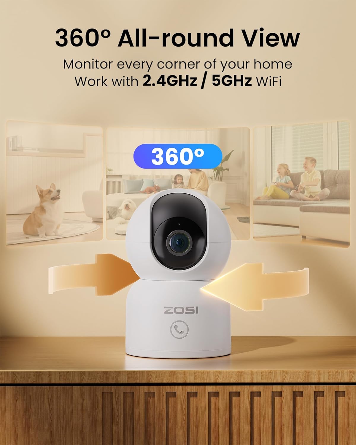 ZOSI C518 4MP Monitor,2.4G/5G Detection,2 Indoor Pan/Tilt Smart Home Security Camera for Pet Dog Baby Dual-Band Plug
