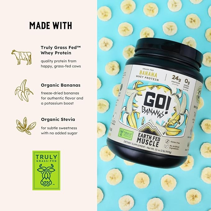 Earth Fed Muscle Go!?¯Bananas Irish Grass?‘Fed Whey Protein Isolate ??All Natural Banana Flavor, Zero Added Sugar, Soy?‘Free, Gluten?‘Free (2lb, 27 Servings, Banana)