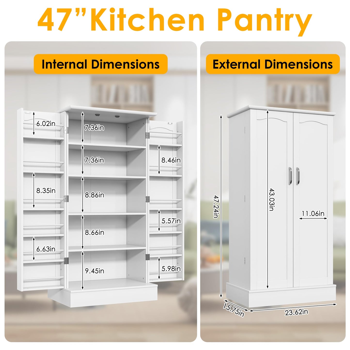 kepptory 47” Pantry Cabinet, Kitchen Pantry Storage Cabinet with Doors and Adjustable Shelves,Freestanding Buffet Cupboards Sideboard for Living Room and Dinning Room (White)