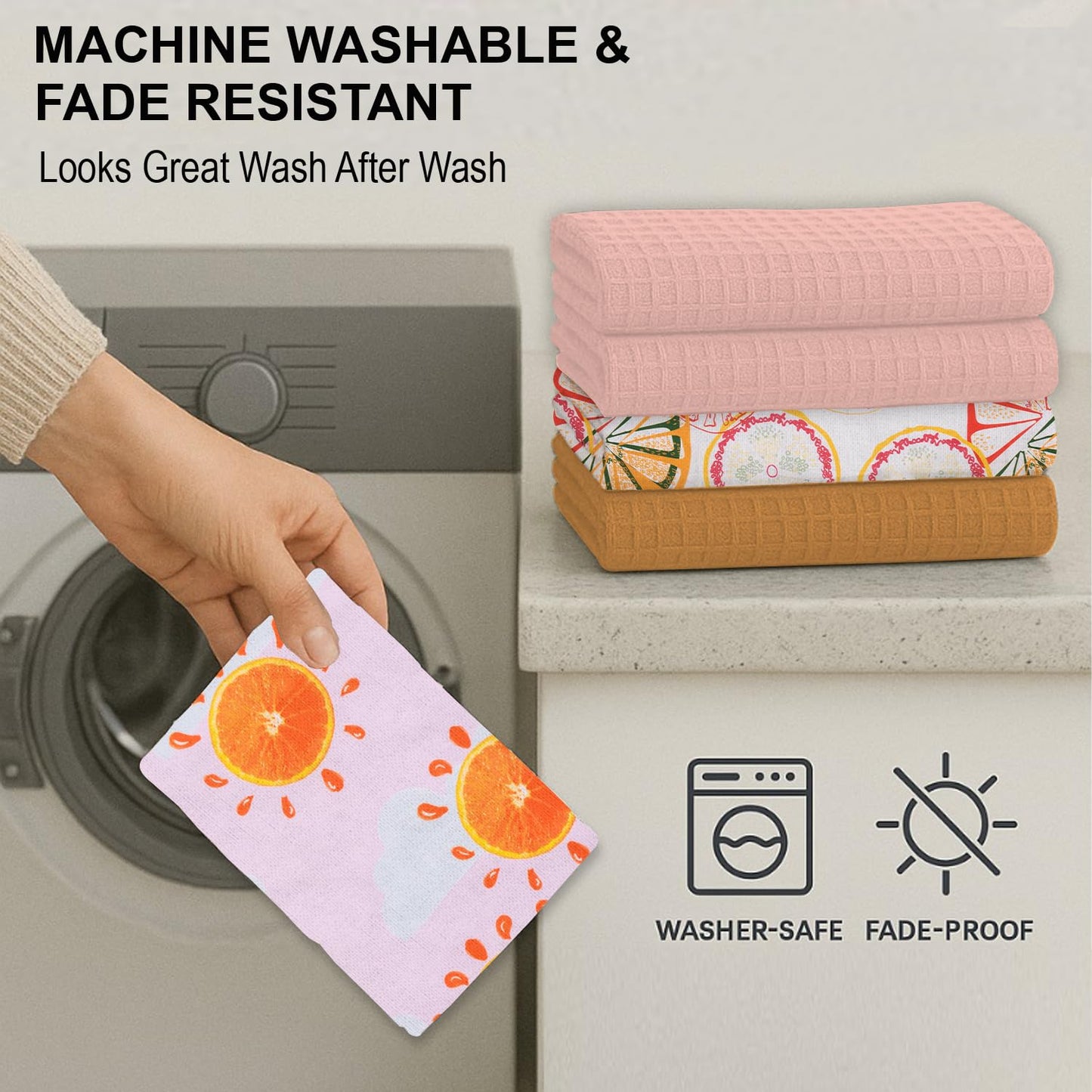 IXORA DECOR 100% Cotton Kitchen Towels Set of 4 | 2 Solid Dyed Waffle Weave Dishcloths & Citrus Digital Kitchen & Table Linen Cloth | Super Absorbent Napkins | 50 x 70 Inches - Pastels