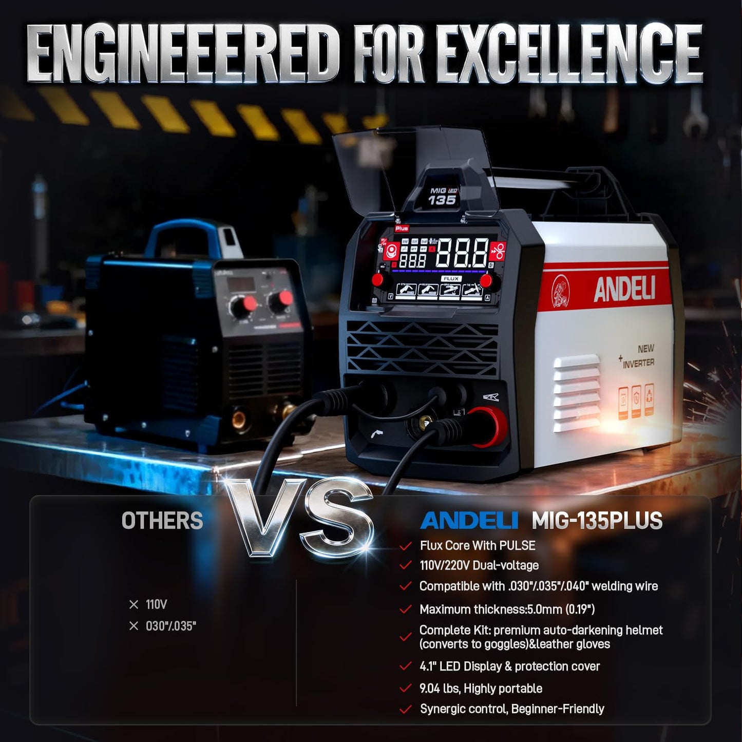 ANDELI 135A MIG Welder 110V/220V, PULSE Flux Core MIG/Lift Tig/Stick 3-in-1 Gasless MIG Welding Machine with Synergy，Large LED Display,2T/4T Full Kit (Bonus Welding Helmet & Gloves)