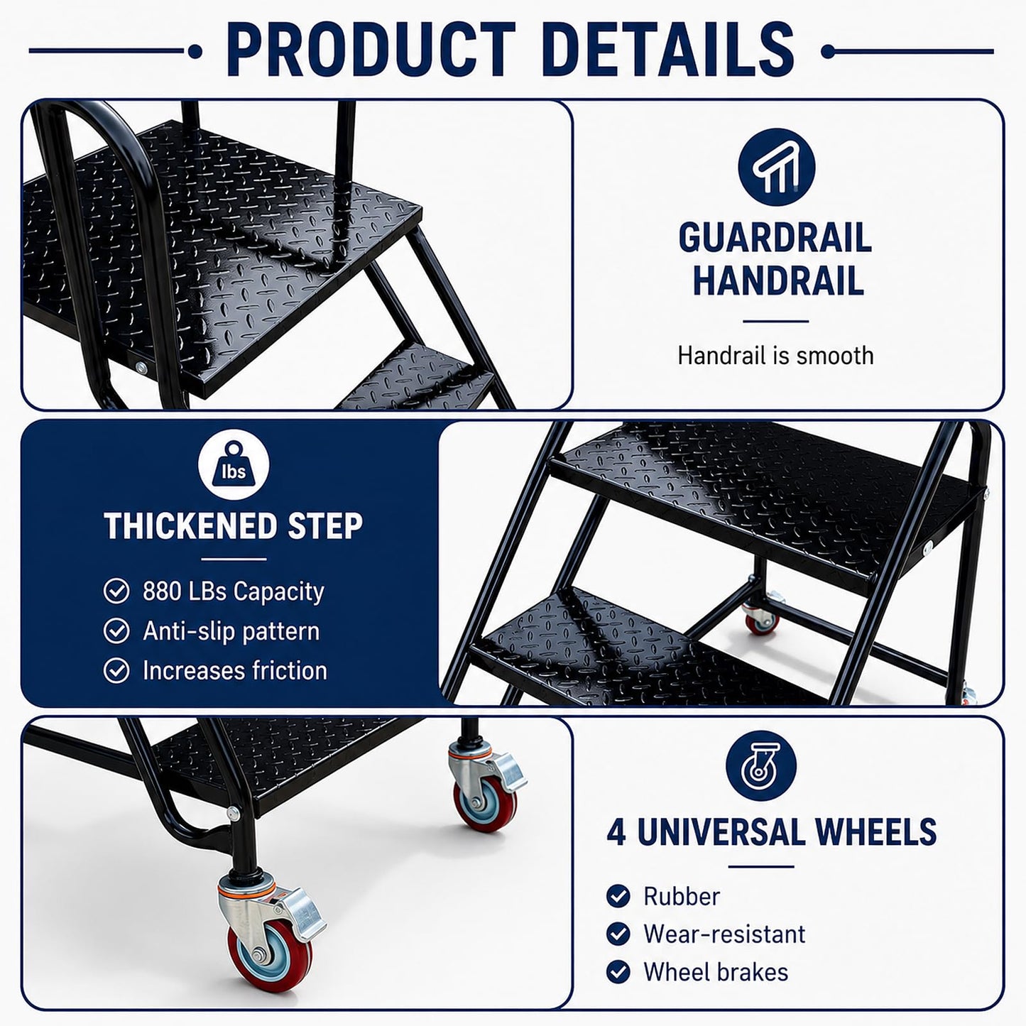 6 Step Rolling Ladder with Handrails, 880 lbs Capacity Heavy Duty Steel Mobile Warehouse Ladder with Locking Wheels, Non-Slip Rolling Stairs with Large Platform for Garage, Stockroom, Library