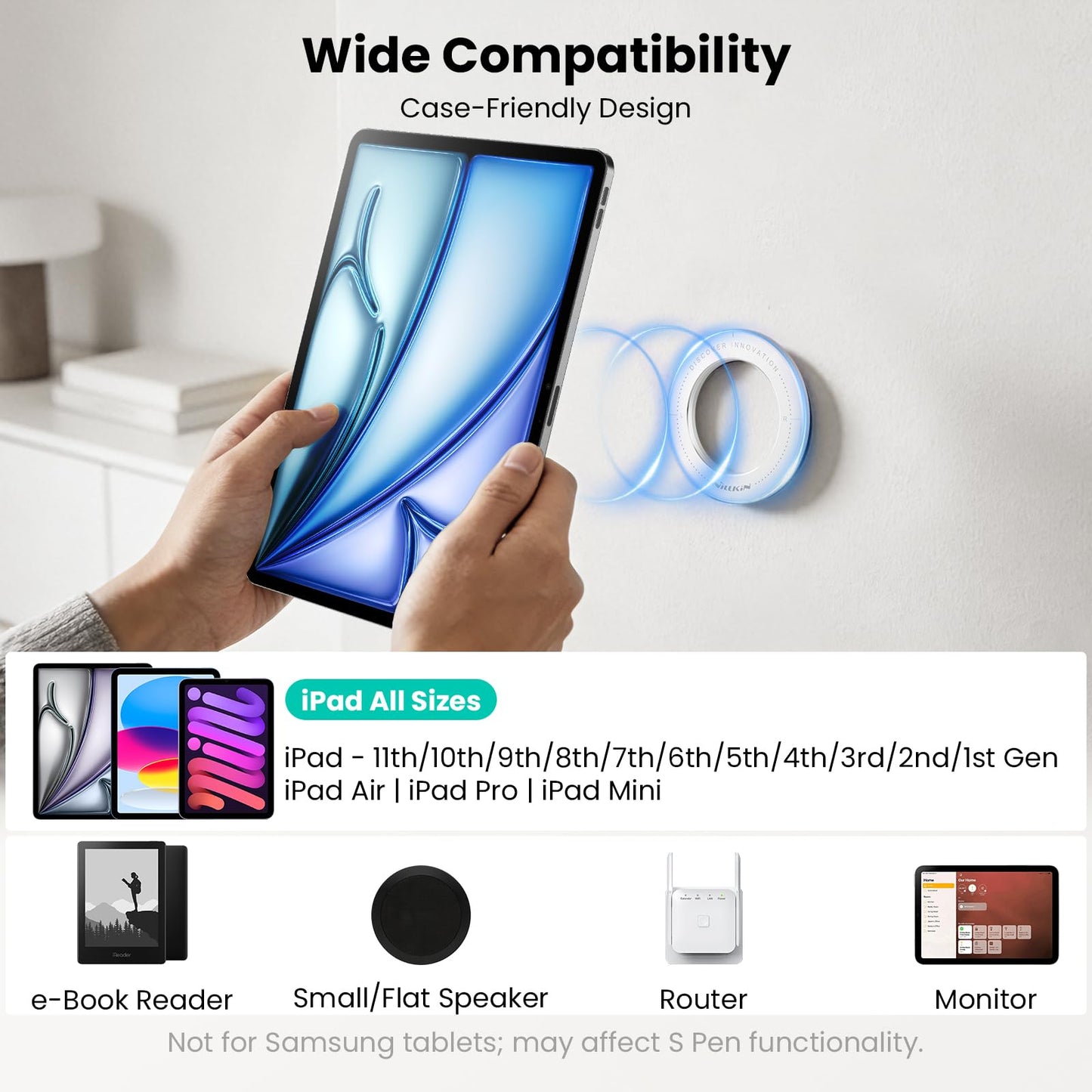 Nillkin for iPad Wall Mount, Magnetic Shower iPad Holder Waterproof, Magnetic Tablet Holder for Car, Magnetic iPad Mount for Kitchen, iPad Fridge Mount, Bathroom, Gym, Office, Set Version, White ﻿