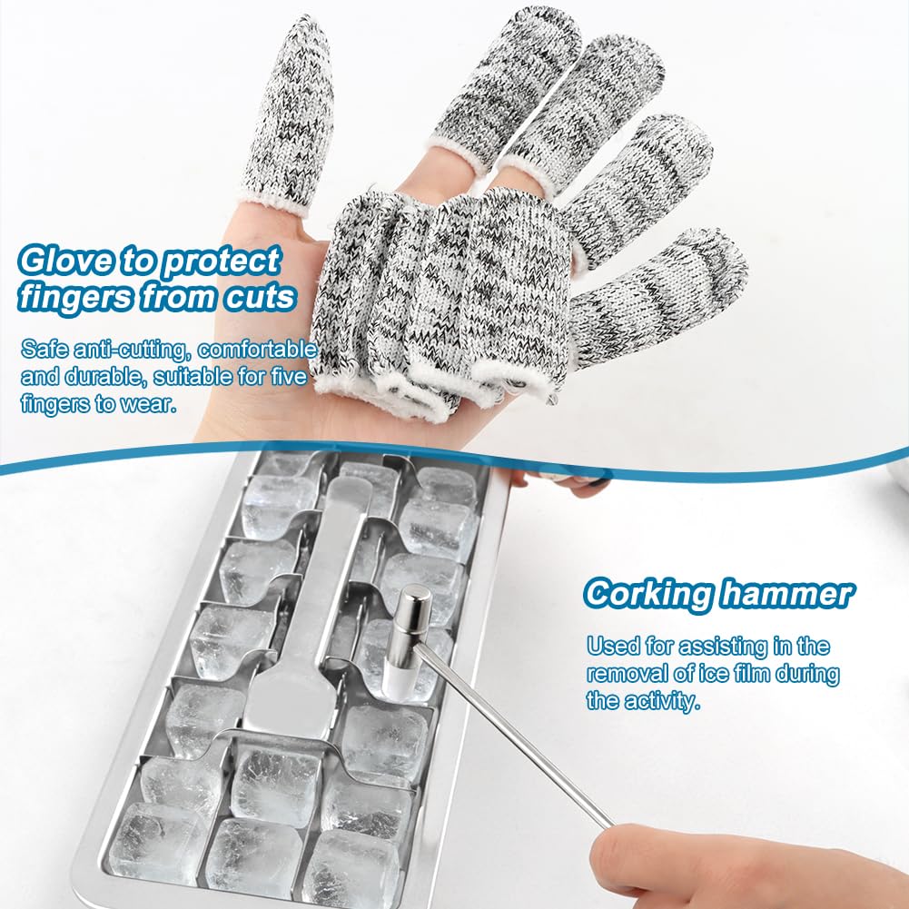 Stainless Steel Ice Cubes Tray With Ice-Clips,Hammer,10 anti-cut Finger Cots,(11", 18 cubes) Metal Ice-Tray with Release Lever Remove Handle for Making Various Ice-Cubes(silver,Size:11inch)