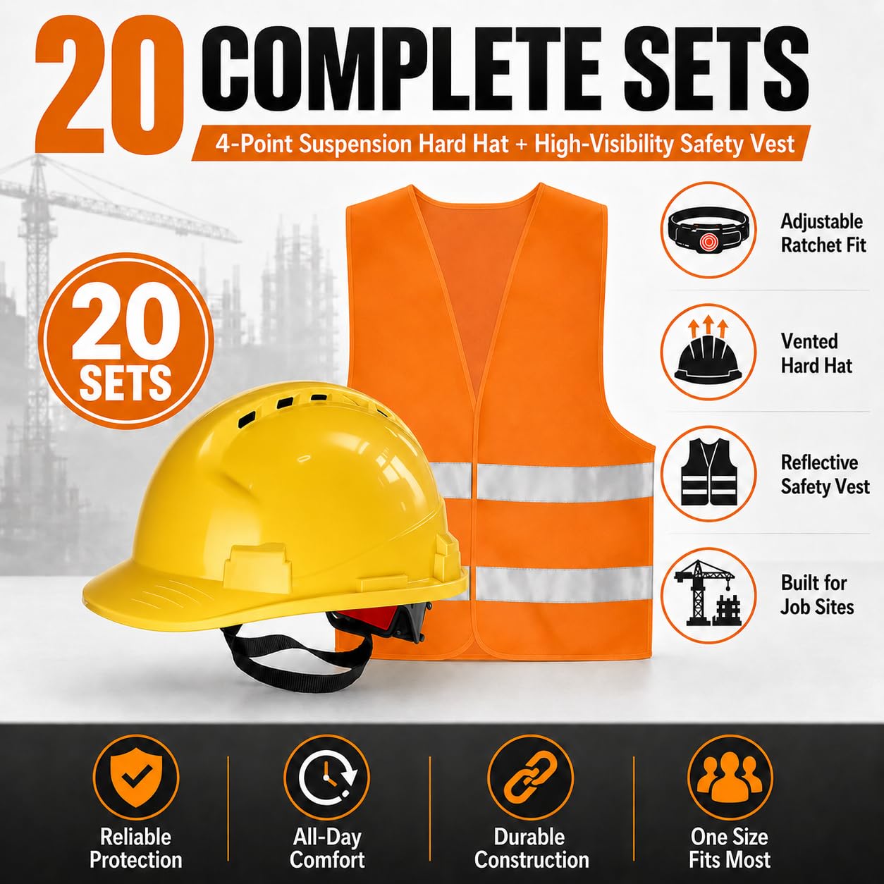 4 Pt. Suspension Hard Hat with Safety Vests Bulk Safety Helmets Adjustable Ratchet Hard Hats, Vents & Sweat Cotton Brow Pad - ABS Construction Helmets for Work Sites & Outdoor Labor (Yellow, 20 Set)