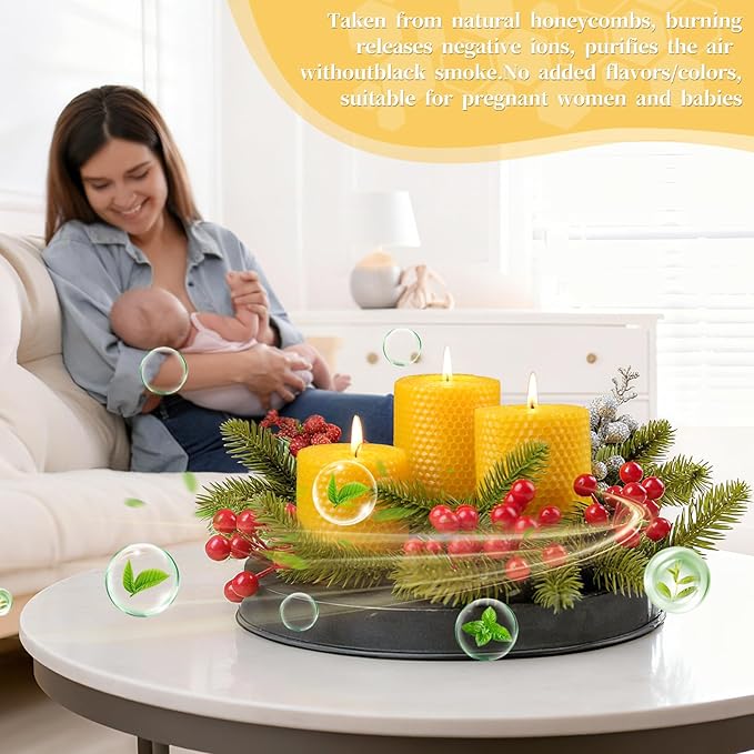 Hand-Rolled Beeswax Candles,2.8x3in-6PCS,All Natural Honeycomb Beeswax Pillar Candles,144 Hours Long Burning Bees Wax Candles for Home,Dripless Smokeless Unscented Honeycomb Pillar Candle