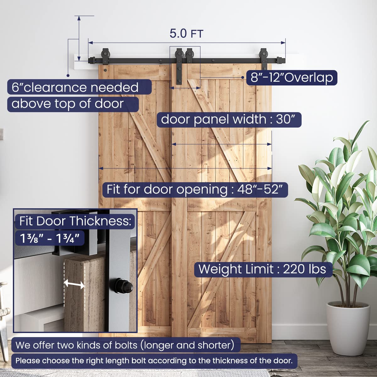 SMARTSTANDARD 5 Feet Bypass Sliding Barn Door Hardware Kit - for Double Wooden Doors-Single Track - Smoothly & Quietly - Easy to Install-Fit 48" Opening