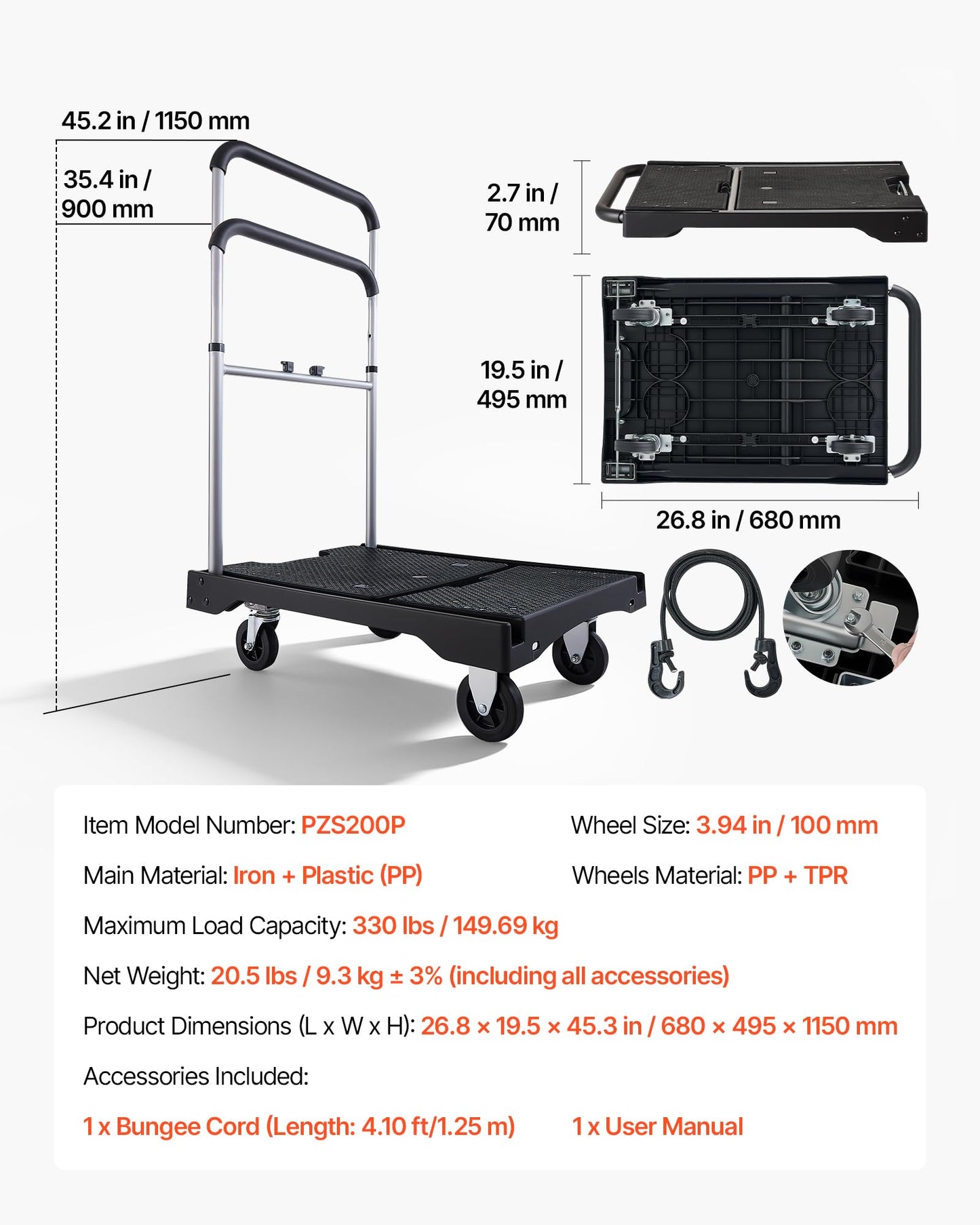 VEVOR Foldable Utility Cart, 330LBS Portable Dolly Cart with Telescoping Handle for Boxes, Crates, Groceries, Folding Platform Truck with 360° Swivel Wheels for Garage/Garden/Office, Black