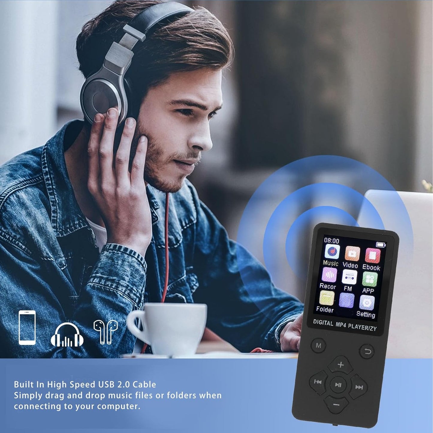 Yunseity 64GB MP3 5.0 MP3 MP4 1.8in Player, Bluetooth Portable HiFi Sound Quality Music Player, & Player with Color