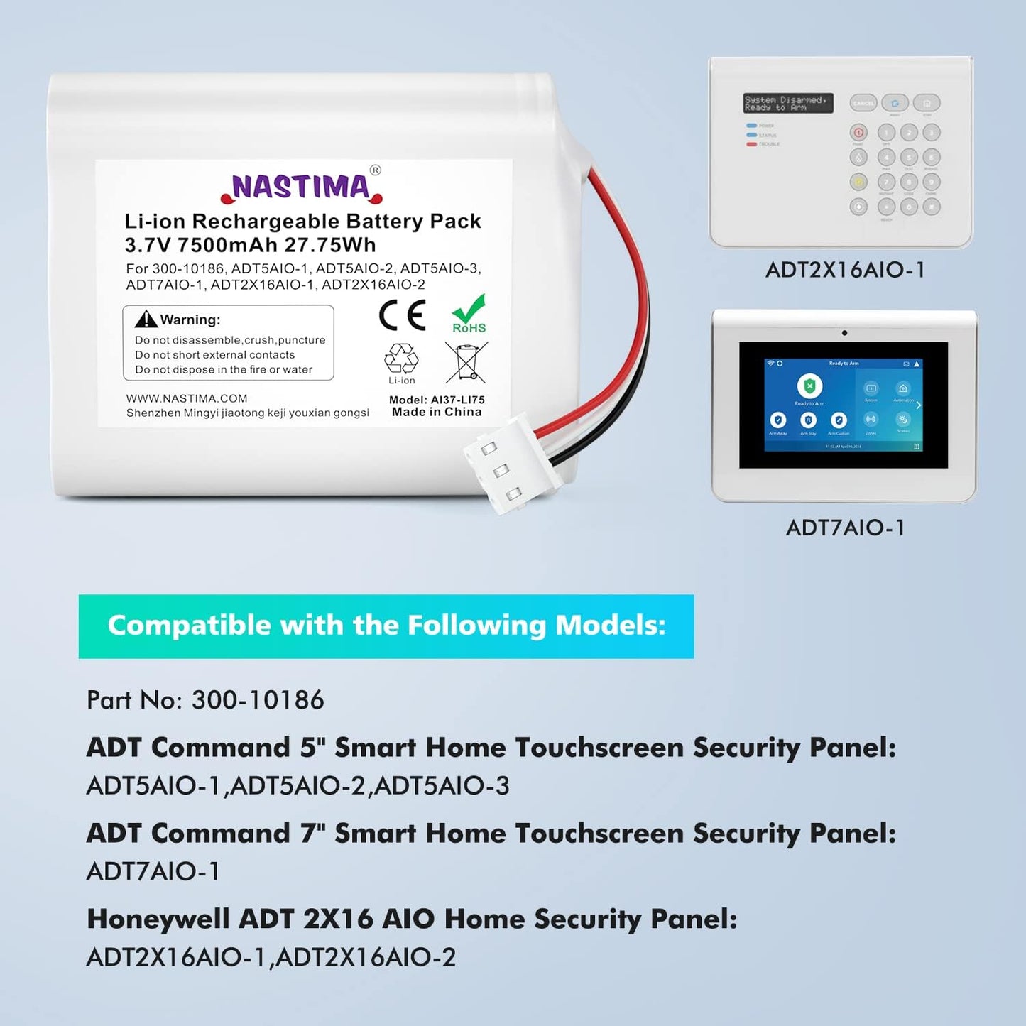 NASTIMA 3.6V/4.2V 300-10186 Command 3.6V 7500mAh 27Wh Li-ion Replacement Battery Compatible with ADT Smart Security