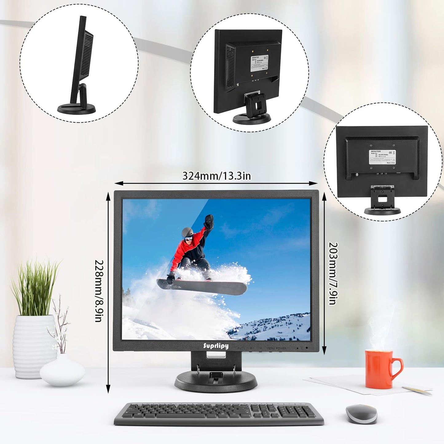 Suprlipy 14 Inch TFT LCD Security CCTV Monitor 1024x768 4:3 Resolution Color Display Screen with HDMI/VGA/BNC/AV Earphone Input Built-in Dual Speakers for Surveillance Camera DVR PC