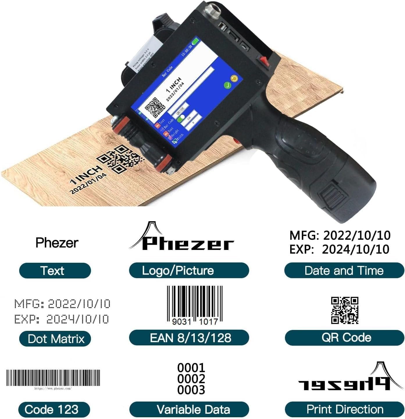Phezer P16-1 Handheld Inkjet Printer, Printing Height 1 Inch with 72ml Solvent Ink Cartridge, Portable Intelligent Coding Machine for Expiry Date/Time/Barcode/QR Code/Logo (Metal Body)