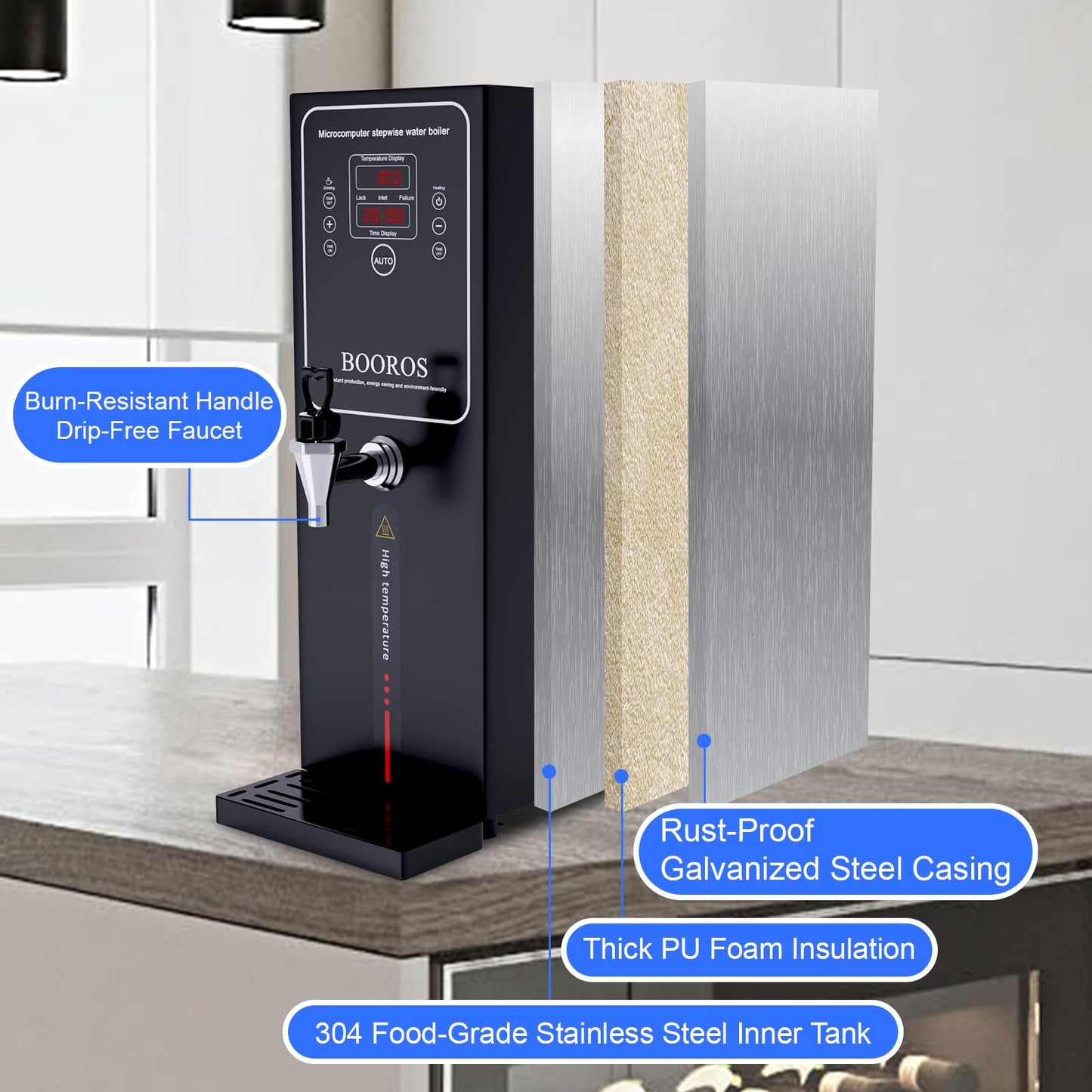 BOOROS Commercial Water Boiler 10L Hot Water Dispenser Black 1500W Commercial Hot Water Dispenser,30L(7.9GAL)/Hour Step-by-Step Heating Temp Control 104-212℉(40-100℃) for Restaurant,Hotel,Office