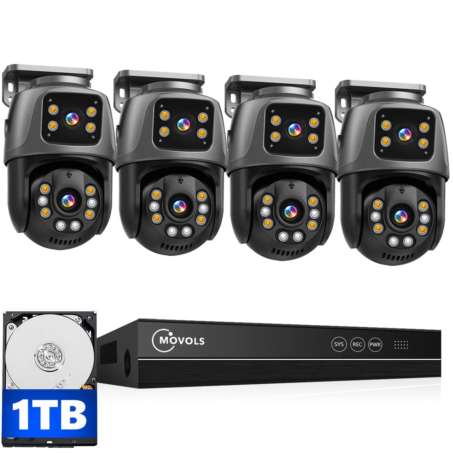 MOVOLS Dual-Lens PoE Security Camera System, 4 x 6MP Pan/Tilt 360 Camera Outdoor, Person/Vehicle Detect, Spotlight Siren, Color Night Vision, 16CH, 8 PoE Ports NVR with 1TB HDD