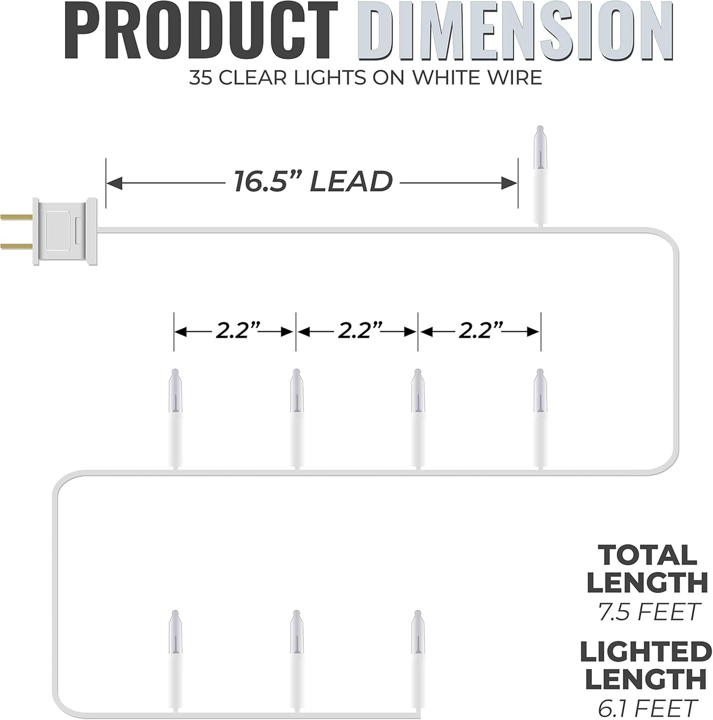 612 Vermont Christmas String Lights - Clear 35 Count on White Wire | UL Approved for Indoor Use, 7.5 Ft Total Length