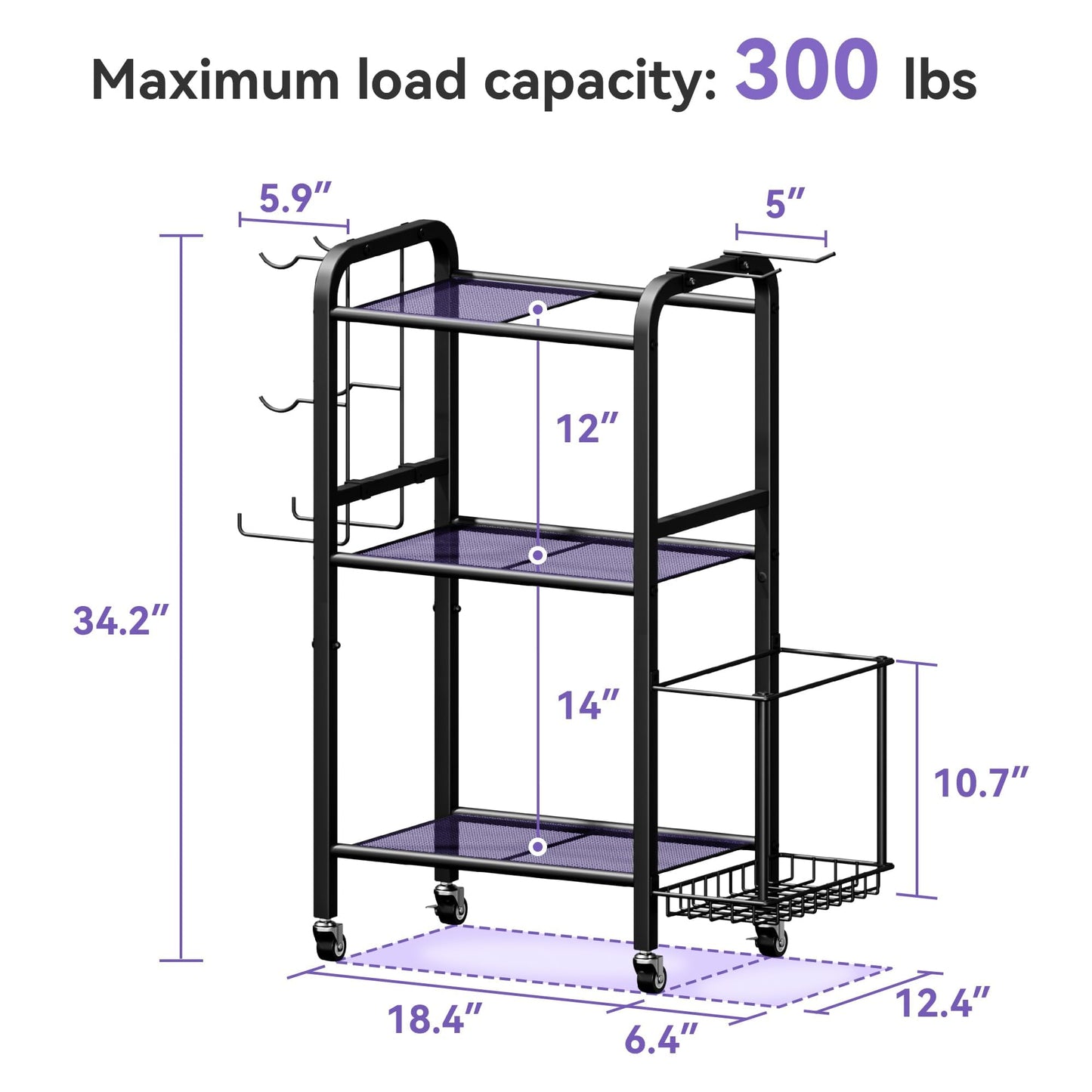 Josmimic 3-Tier Heavy-Duty Home Gym Storage Rack with Hooks and Smooth Wheels for Workout Gear