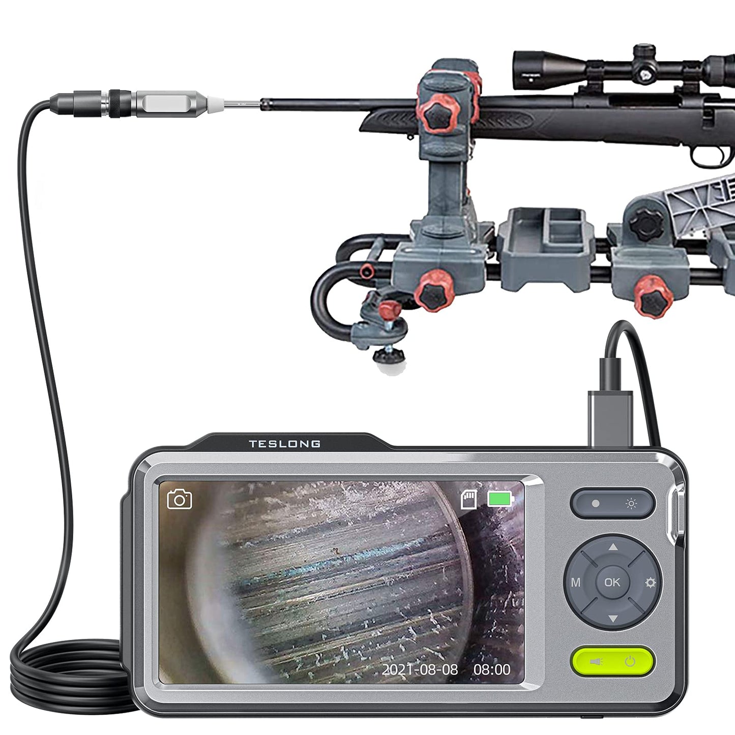 Teslong Rigid Rifle Borescope with 5" Monitor, Bore Inspection Camera Visual Gun Cleaning System-Fits .20 Caliber & Larger-w/26-inch Long Insertion Tube, 5-inch IPS Screen, Right Angle Mirror