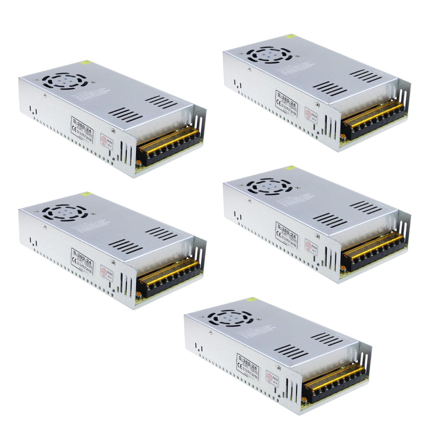 ALITOVE DC 24V Power Supply Universal Regulated Switching 15A 360W Transformer Adapter LED Driver 110V/220V AC Input for LED Strip, CCTV Camera System, Radio (5 Pack)