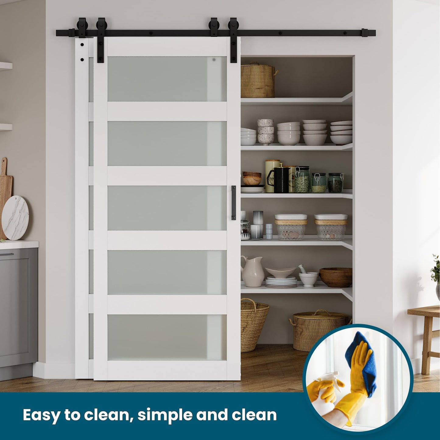 SmartStandard 42in x 84in Double Glass Sliding Barn Door with 7FT Bypass Sliding Barn Door Hardware Kit, 5-Panel Frosted Glass,Waterproof, Save Space, Easy Install, Fit 72"-76" Openning, White