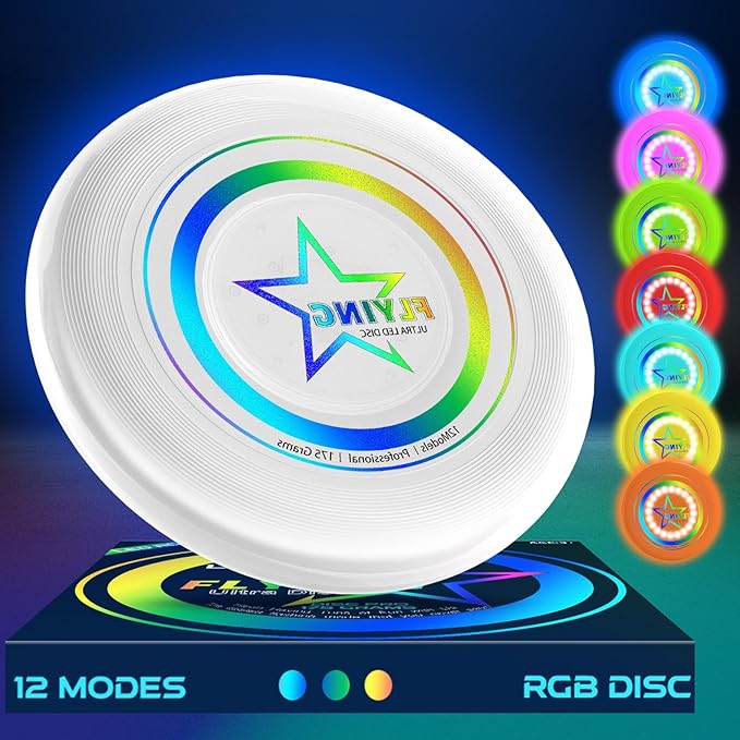 Pro Glow in the Dark Flying Disc for Kids Adults, 7 Lighting Smart Modes Flying Ring Toy for Outdoor Game, Camping Essentials for Kids/Teens/Boy/Girl, Safe, Waterproof, 175g, Lawn, Yard, Beach Toy