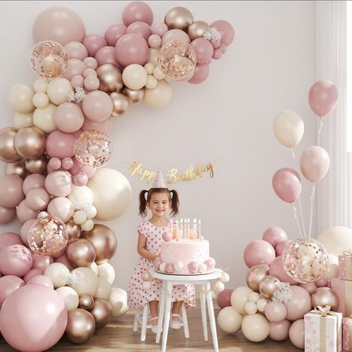 Celebloom Dusty Pink and Rose Gold Balloon Arch Kit, 134pcs Double Stuffed Light Pink Dusty White Metallic Gold Confetti Balloons Garland Kits for Birthday Wedding Baby Shower Bridal Party Decorations