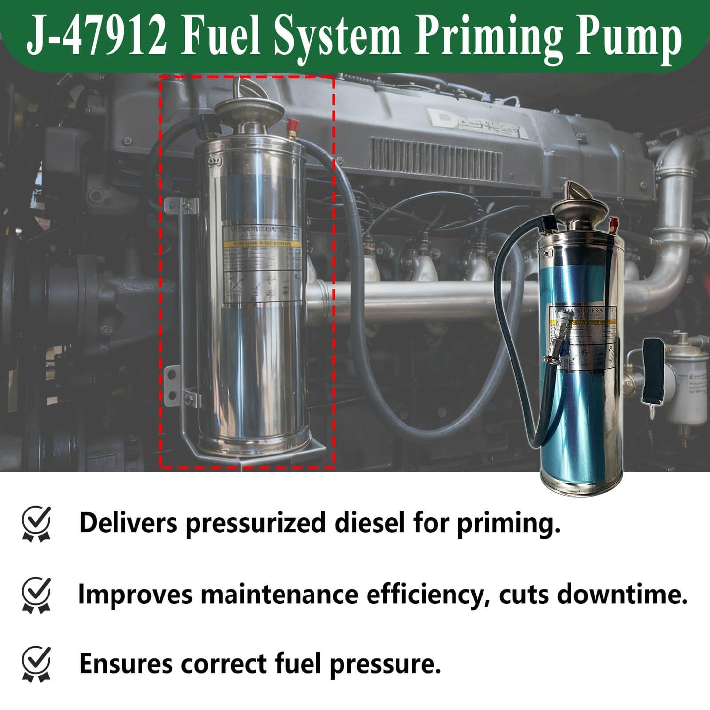 Upgraded J-47912 Fuel System Priming Pump with Pressure Gauge and Shoulder Strap Compatible with Detroit Diesel DD13 DD15 S60 MBE900 MBE4000 MaxxForce 11 13 N13 Alternative to OTC5869