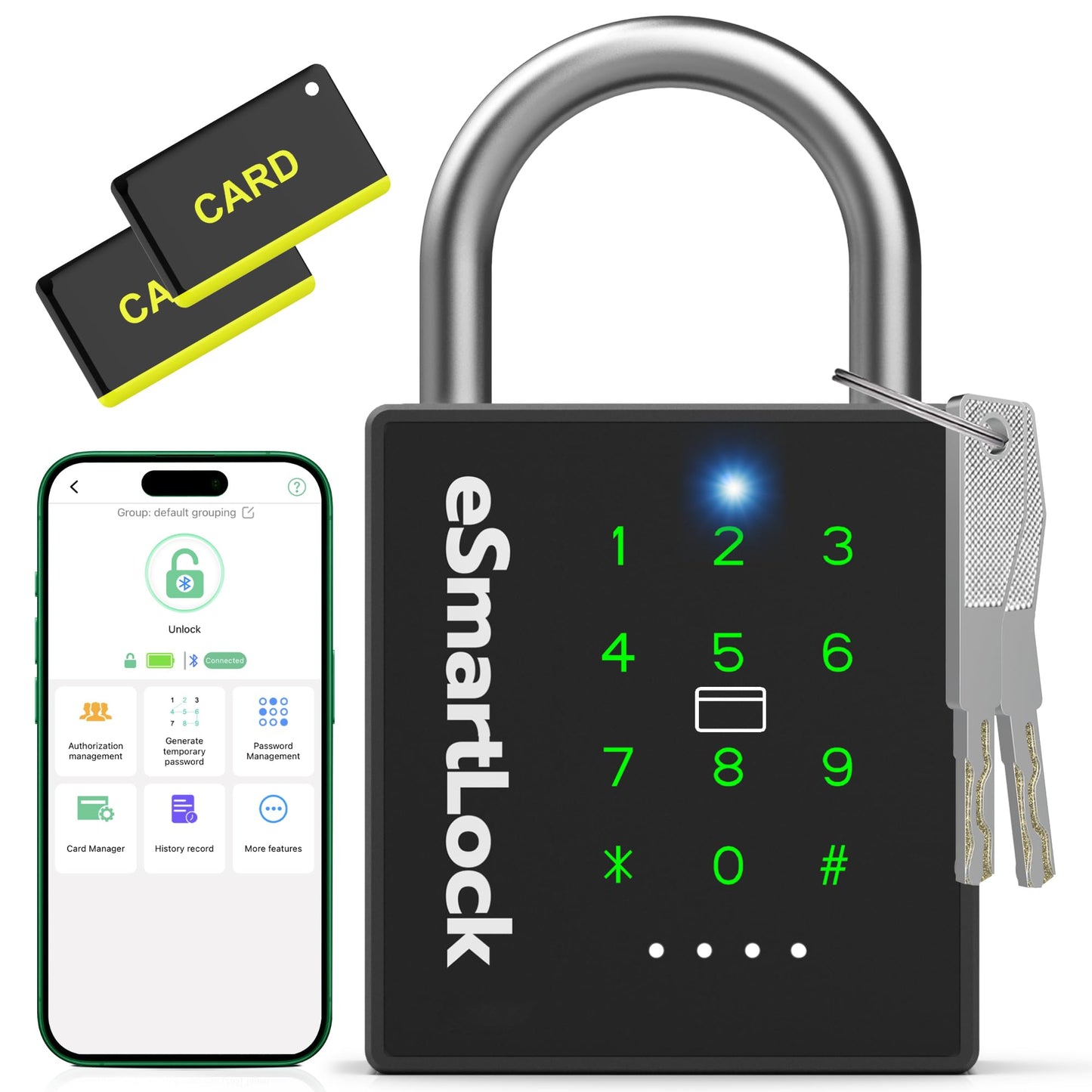 Dhiedas New Smart Padlock with Key, Heavy Duty Combination Padlock, RFID Pad Lock with Codes Bluetooth APP Access, Outdoor Waterproof Electronic Key Lock for Gate Fence Shed Locker Garage Garden