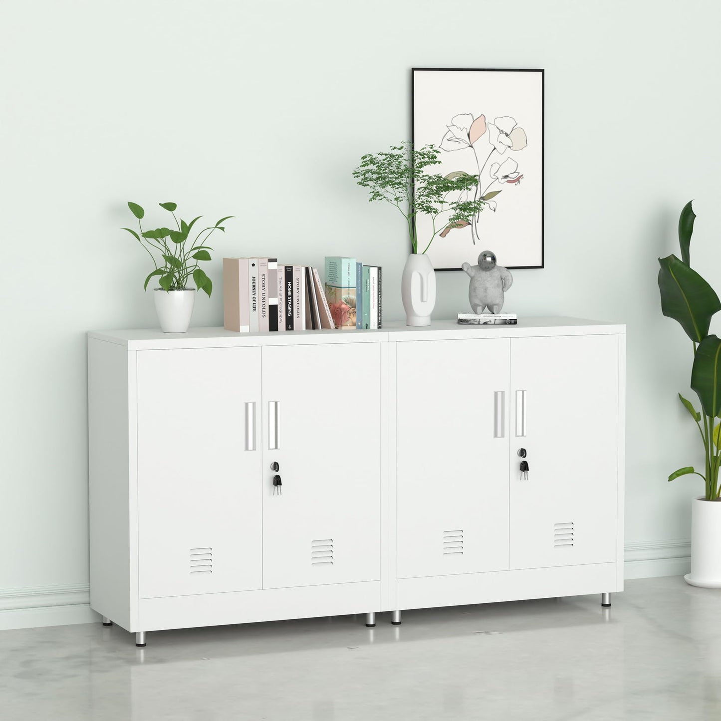 JINKUR Metal Storage Cabinet with Locking Doors and Adjustable Shelf, Small Lockable Sideboard Buffet Cabinet for Home, Office, Entryway, Hallway, Living Room, Kitchen and Dining Room, White