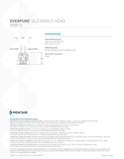 Everpure EV925831 QL3 Water Filter Head Assembly with Shut Off Valve and Bracket