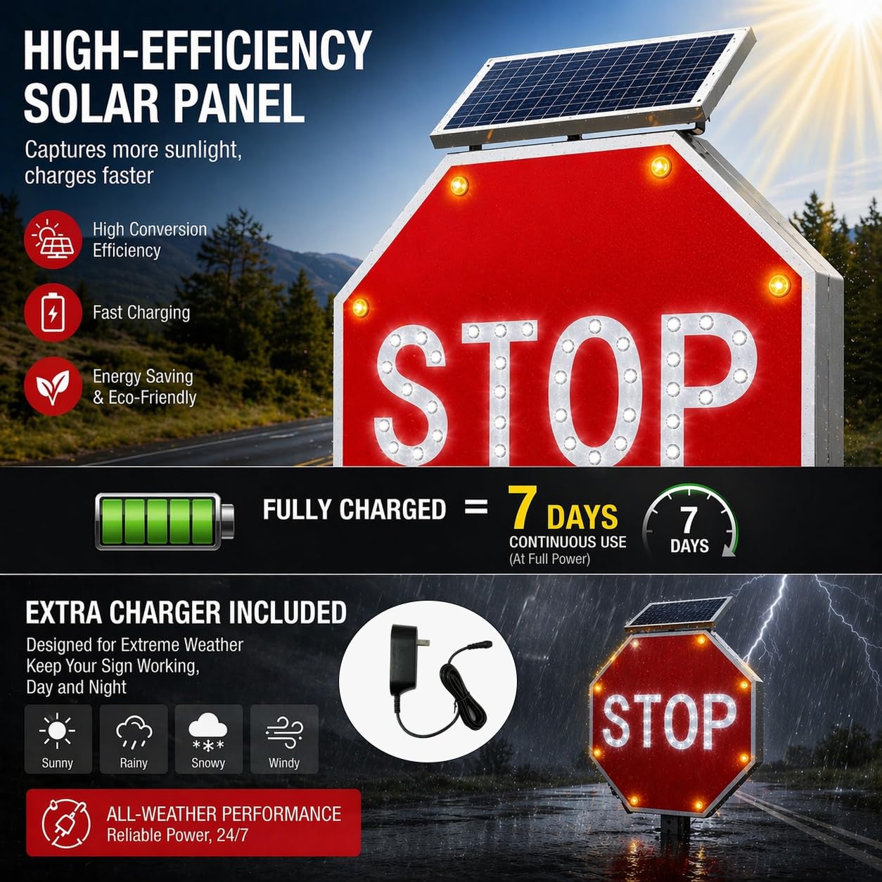 GAJTTR 30in Solar Powered LED Flashing Stop Sign, MUTCD Compliant Traffic Stop Sign with 44 Blinking LEDs,Engineer Grade Reflective Film, Heavy Duty Aluminum Metal Frame Blinking Road Warning Sign for Construction Area,School,Community,Farm Road (Red)