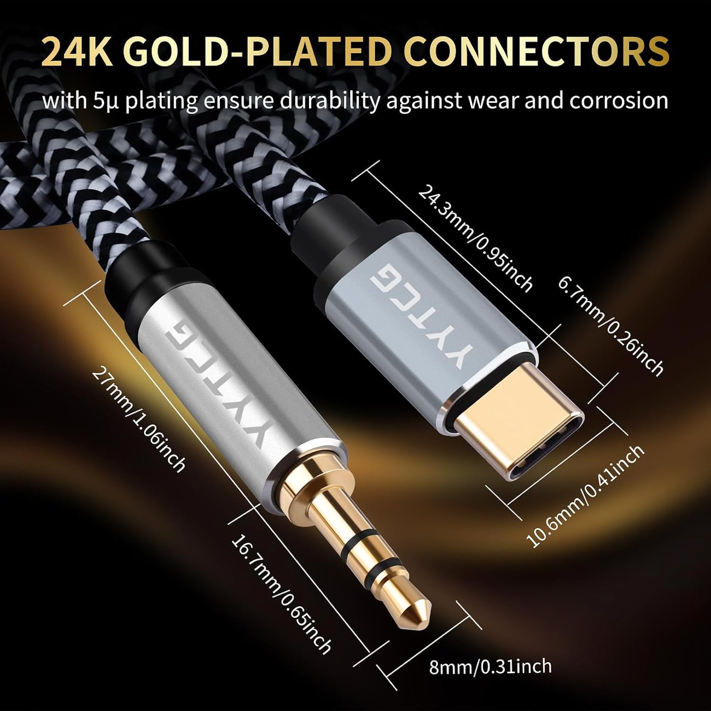 3.5mm 5.90ft/1.8m 4N 24K Audiophile HiFi USB-C to Aux Cable - OFC Core, Gold-Plated Plug, Nylon Braided, Compatible