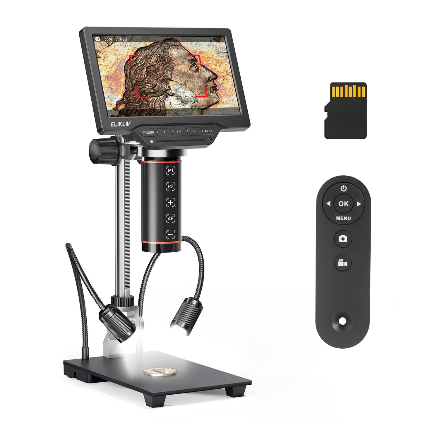 Elikliv Autofocus Digital Coin Microscope: HDMI Soldering Microscope for Adults EM3K-AF, 3K Coin Magnifier for Full View, 7" IPS Microscope with Screen, HDMI/USB Output, 10" Stand, Dual Light, 16GB