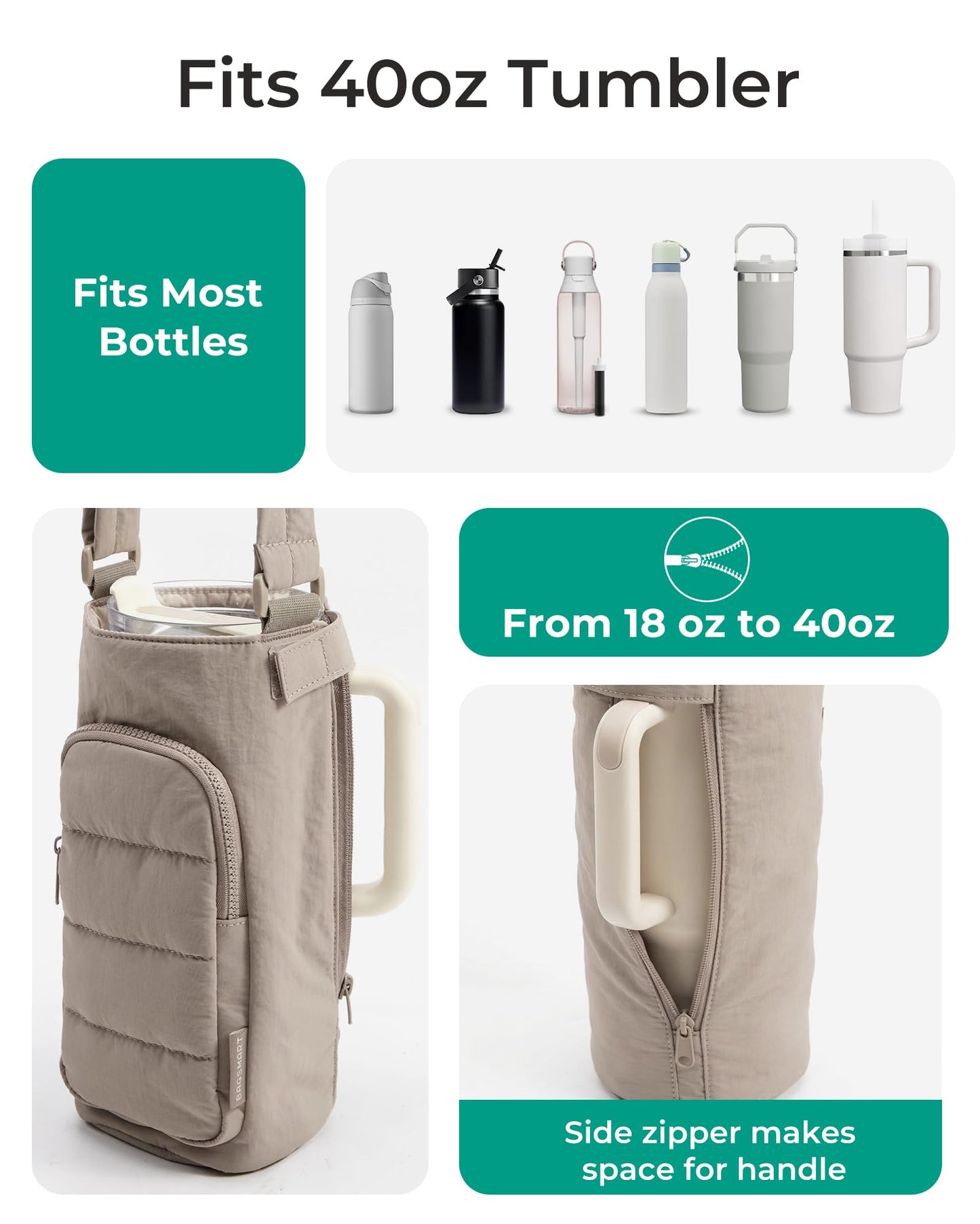 BAGSMART Magnetic 40oz Water Bottle Holder with Strap, Crossbody Purse Gym Accessories for Women, Green