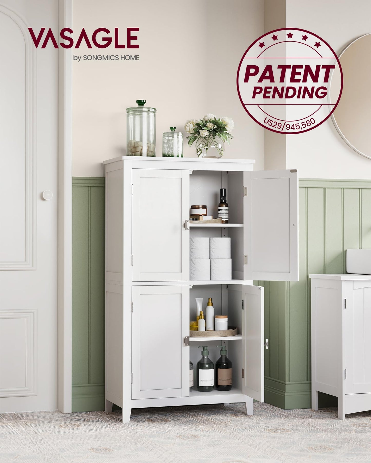 VASAGLE Floor Storage Cabinet, Freestanding Storage Unit with 4 Doors, Adjustable Shelves, 11.8 x 23.6 x 43.3 Inches, for Entryway, Bathroom, White UBBC552P31