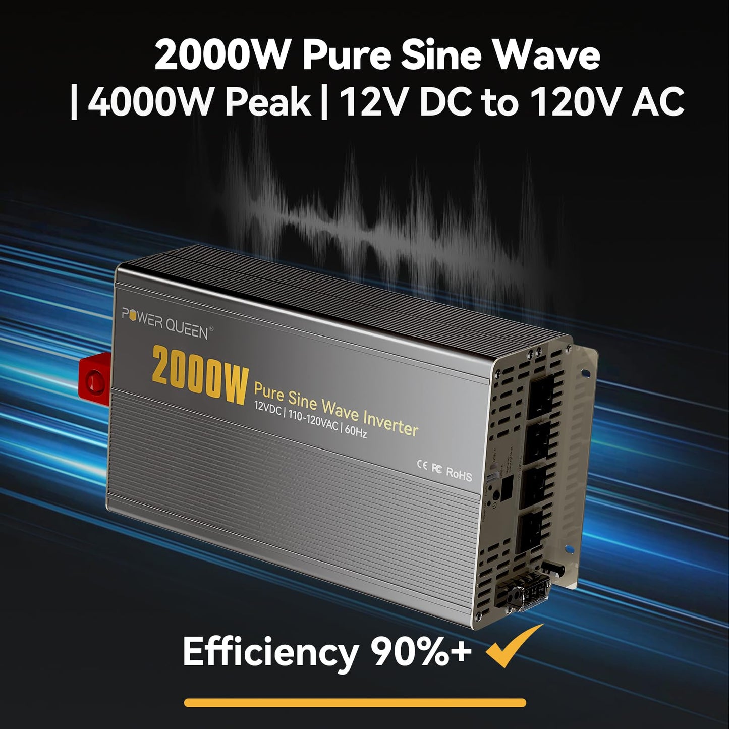 Power Queen 2000W Pure Sine Wave Inverter, Solar Power Inverter 12V DC to 110V-120V AC Converter with 2 AC Outlets, LCD Display for Off-Grid Solar Power System, RV, Truck, Home Appliances