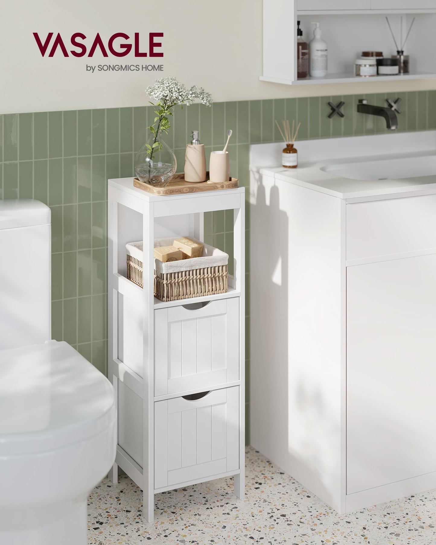 VASAGLE Storage Cabinet, Storage Organizer Rack Stand for Bathroom, Living Room, Multifunctional Corner Unit, 2 Drawers, 35 Inches in Height, White UBBC42WT