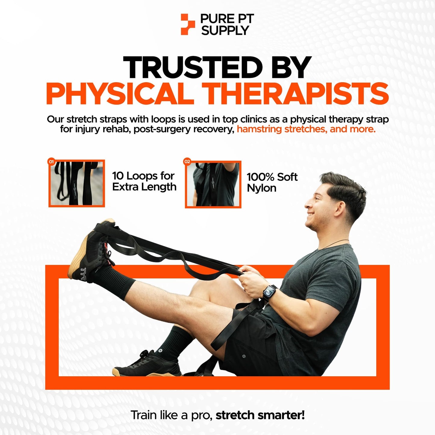 Pure PT Stretching Strap with 10 Loops – Non-Elastic - Physical Therapist-Approved Stretch strap for Stretching, Yoga, Injury Recovery & Flexibility | Premium Yoga Strap - Expert Workouts Included