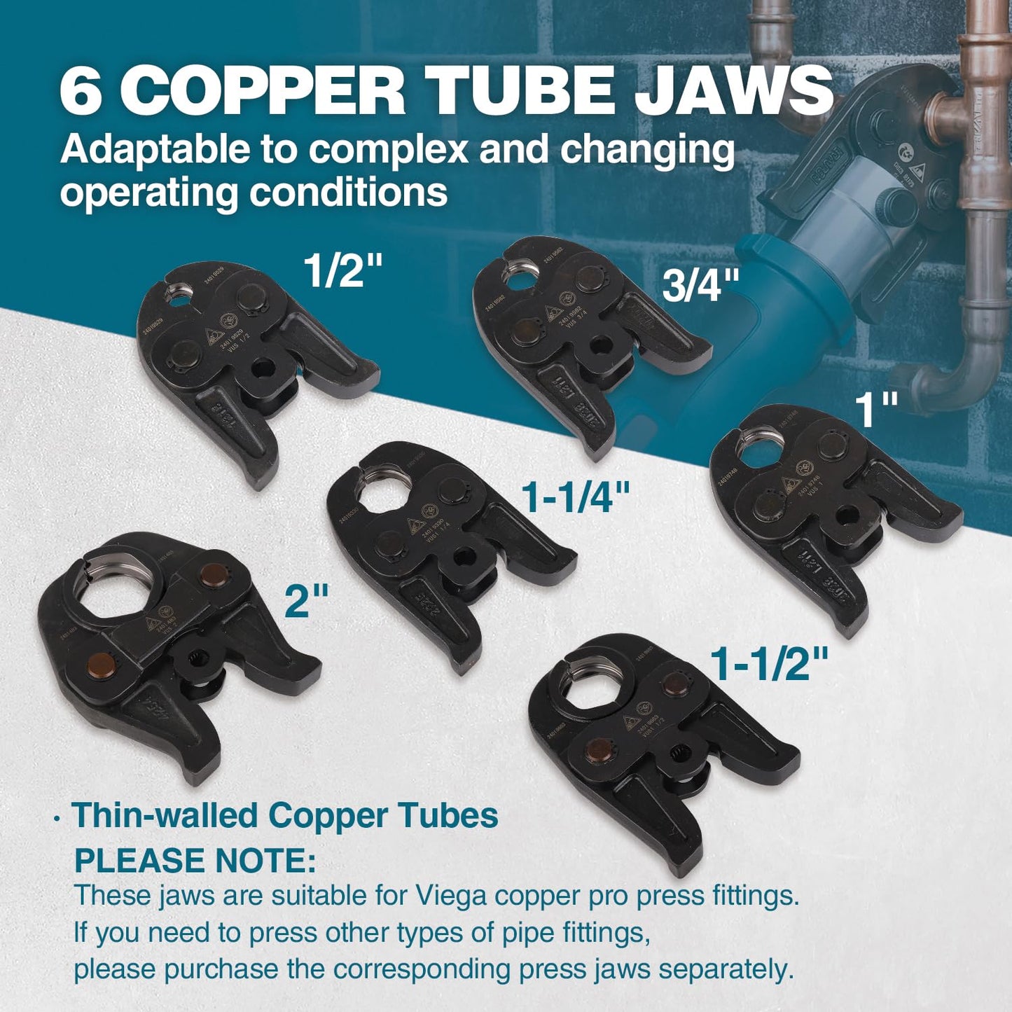 ZUPPER Press Tool, 18V Electric Pipe Crimping Tool for 1/2" to 2" Copper Pipes, Standard Press Tool Kit Suitable for Copper ProPress fittings - with 6 VUS Press Jaws, 2pcs 4AH Battery