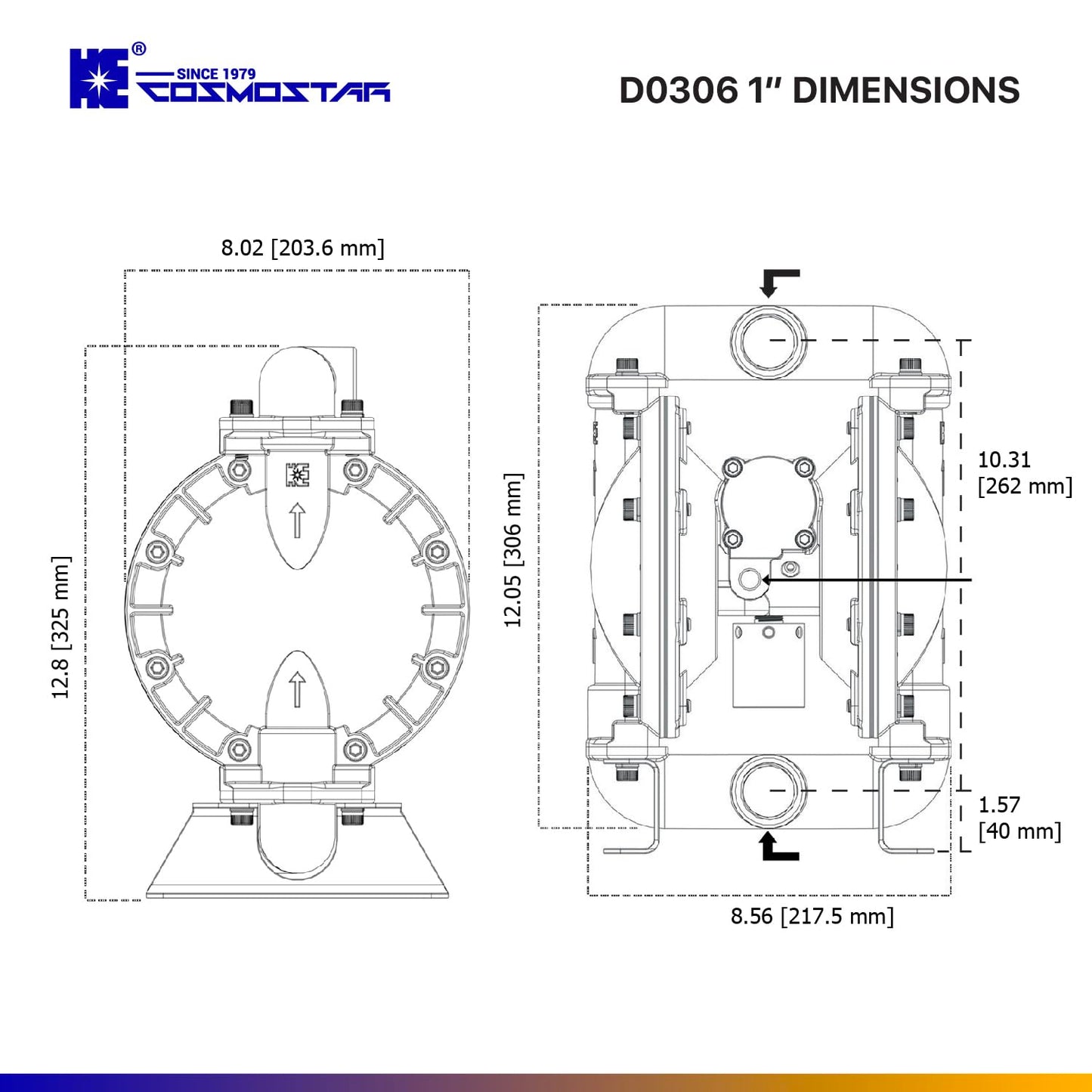 COSMOSTAR D0306 1" Stainless Steel Double Air Diaphragm Pump, Aluminum Body, Teflon Ball, seat and Diaphragm, Pump Muffler, Pump, Chemical Pump, Waste Oil Pump, Pneumatic Oil Pump, Diaphragm Pumps