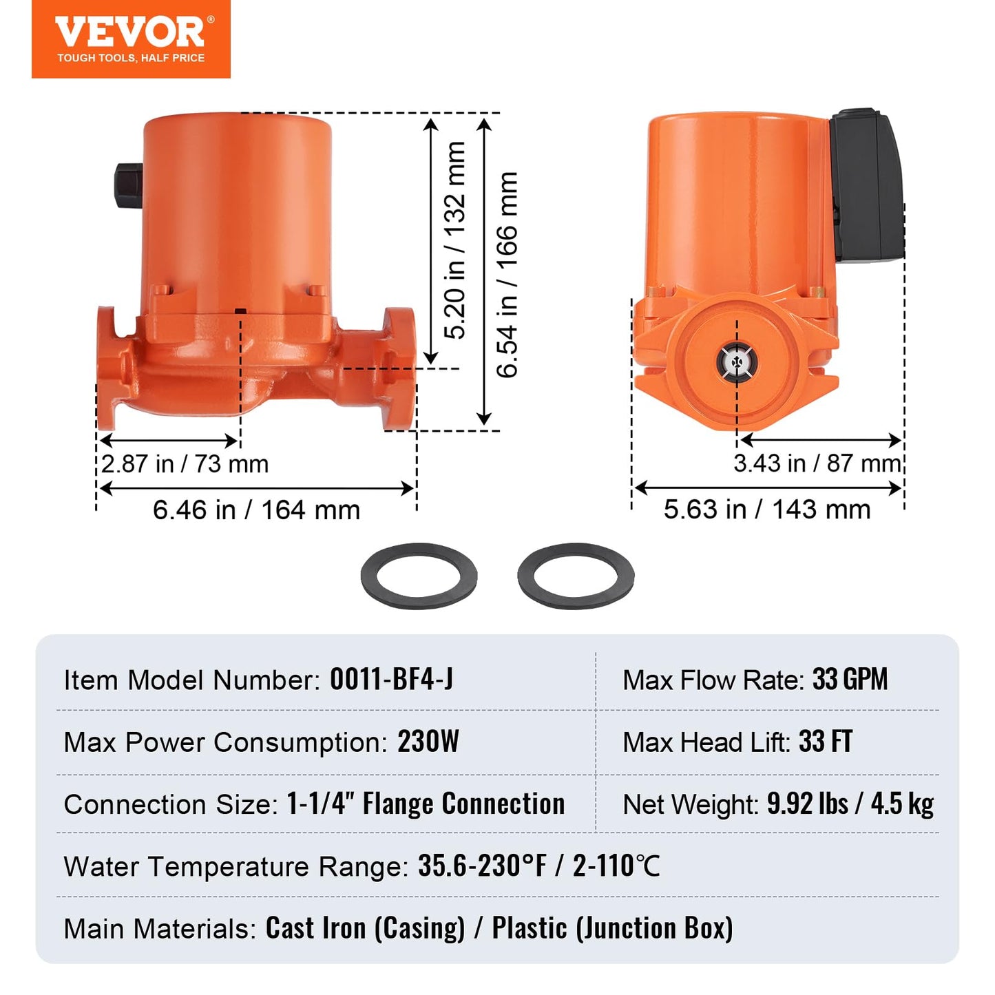 VEVOR 0011-BF4-J Cast Iron Circulating Pump, 33 GPM Hot Water Circulation Pump, 1-1/4" NPT Flange 3-Speed Circulator Pump, Quiet Operation Circulator for Floor Heating/Home Water Heater System