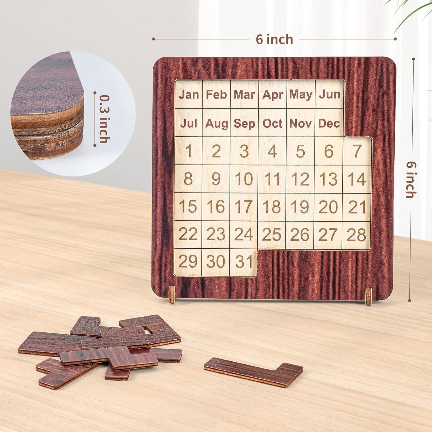 Wooden Calendar Puzzle - 365-Day Interactive Date Tracker | Logic Challenge Desk Decor for All Ages