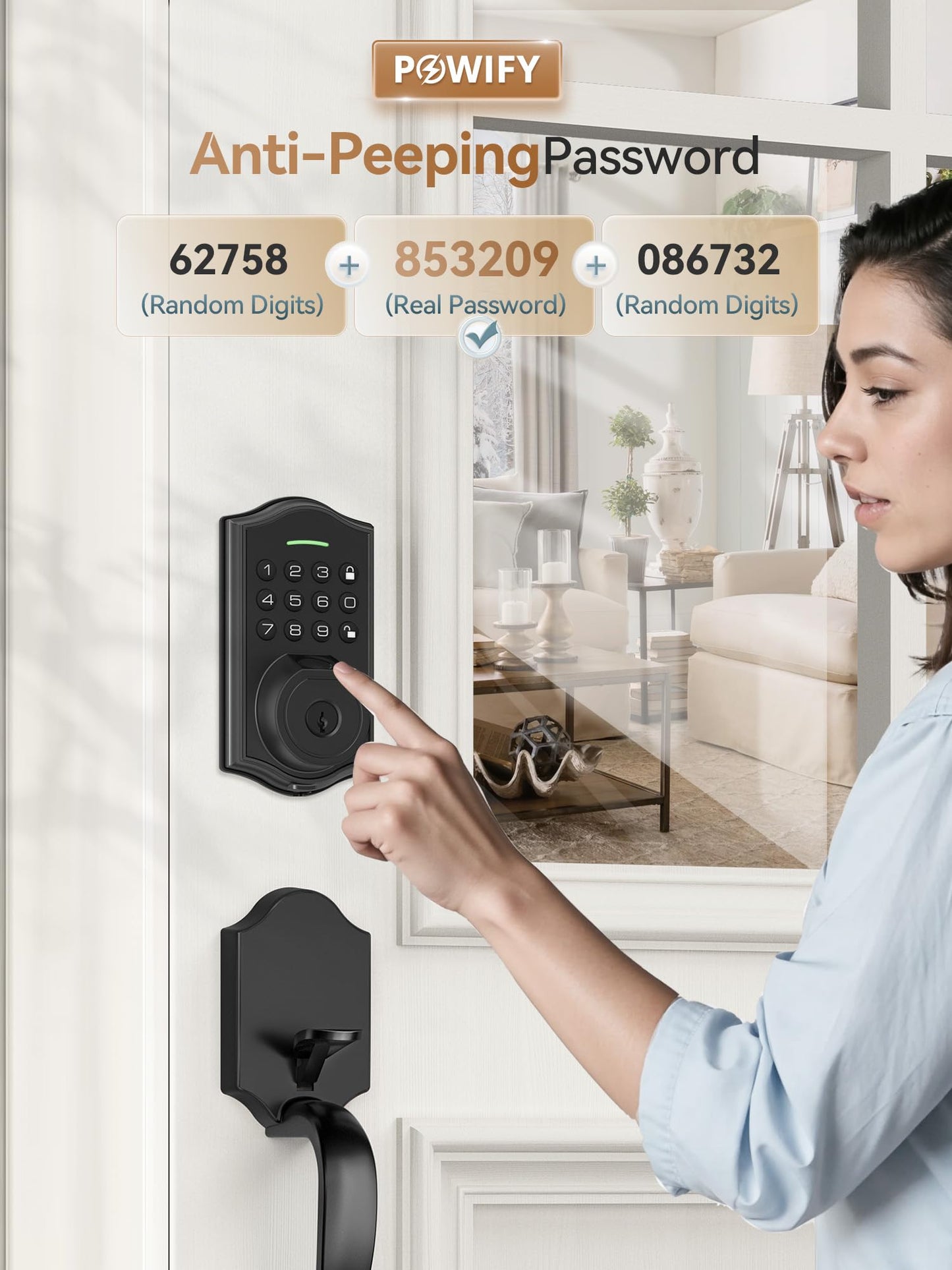 POWIFY Keyless Entry Door Lock with Handle,Fingerprint Smart Front Door Lock Set,APP Control, Electronic Keypad Deadbolt with Lever Handle, Anti-Peeping, Auto Lock, Easy Install, Black