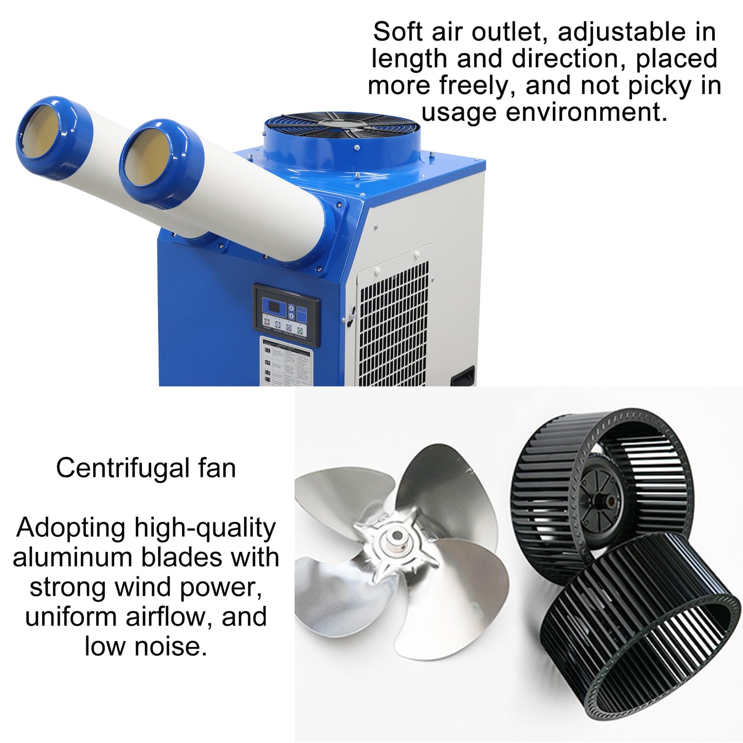 HQHAOTWU Industrial Air Conditioner Outdoor Indoor Spot Mobile Air Cooler 580m³/h Commercial Aircon with Two Outlet Tubes 110V