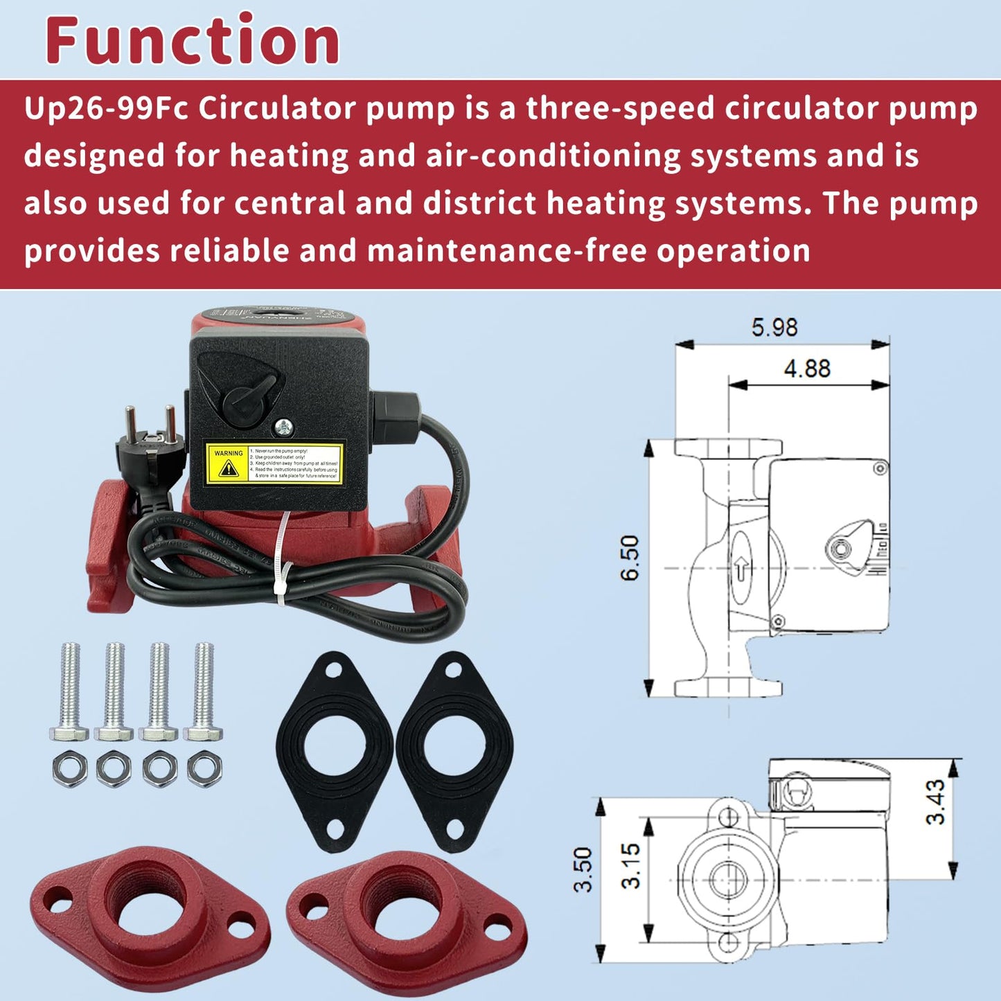 52722513 Up26-99Fc Water Circulator Pump Compatible with Grundfos 3-Speed Circulator Pump Systems 1/6HP 230V 145PSI GF 15/26 Flange for Heating Cooling Solar and Other Systems