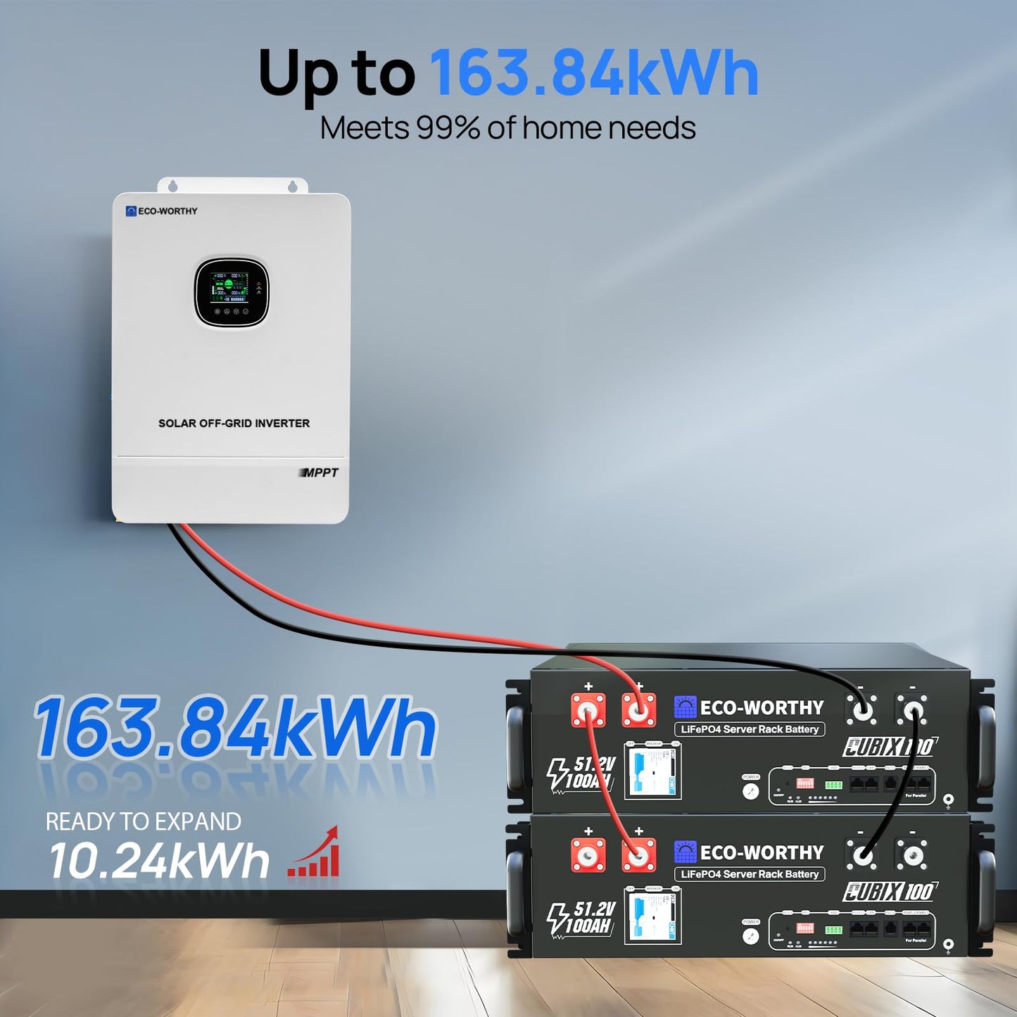 ECO-WORTHY 10KW Output 9.36KWH Off Grid Solar System Complete Kit for Home:12pcs 195W Solar Panels(2340W)+10KW 120V/240V Inverter (UL 1741)+ 2pcs 48V 100AH Lithium Batteries(UL 1973&UL 9540A)